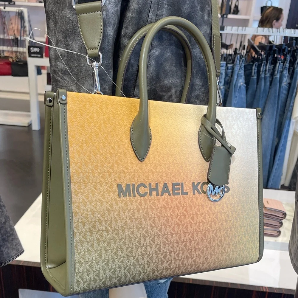 MICHAEL KORS Mirella Medium Ombré Signature Logo Tote Bag Olive Combo  NWT